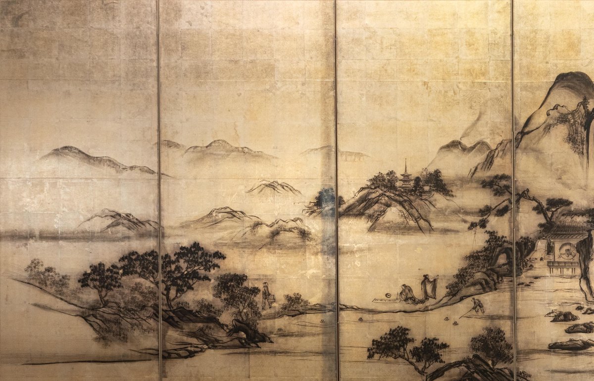 A Six-panel Folding Screen With A Mountain Landscape On A Silver Leaf Ground-photo-2