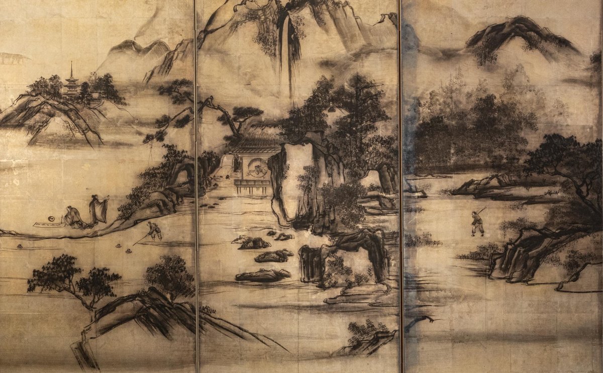 A Six-panel Folding Screen With A Mountain Landscape On A Silver Leaf Ground-photo-3