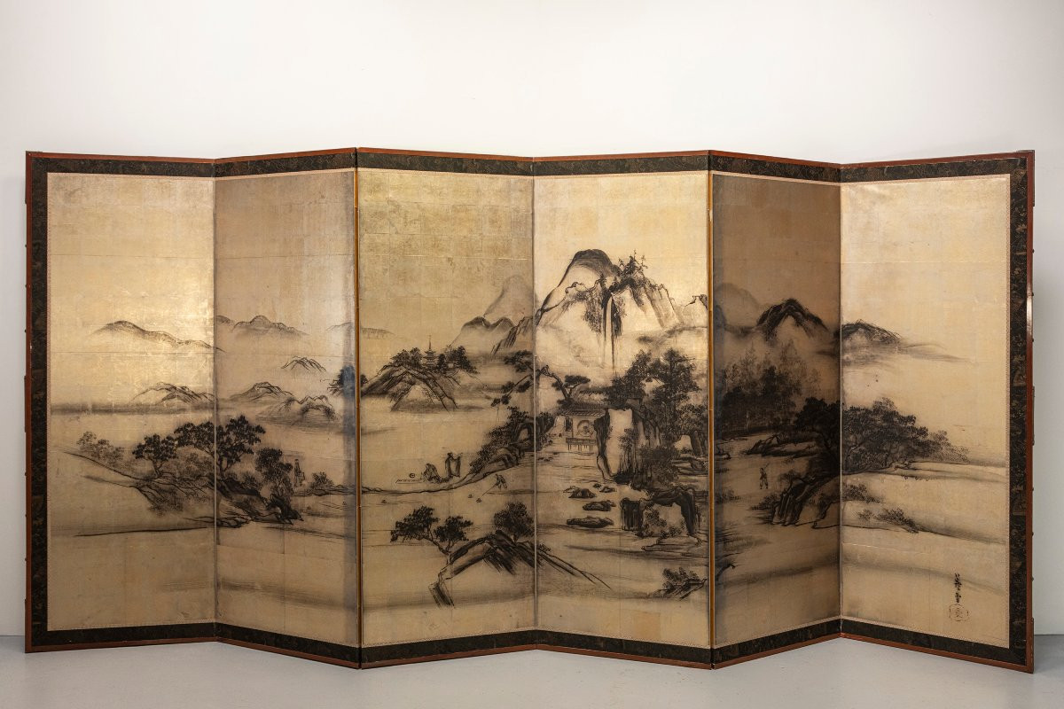 A Six-panel Folding Screen With A Mountain Landscape On A Silver Leaf Ground-photo-4