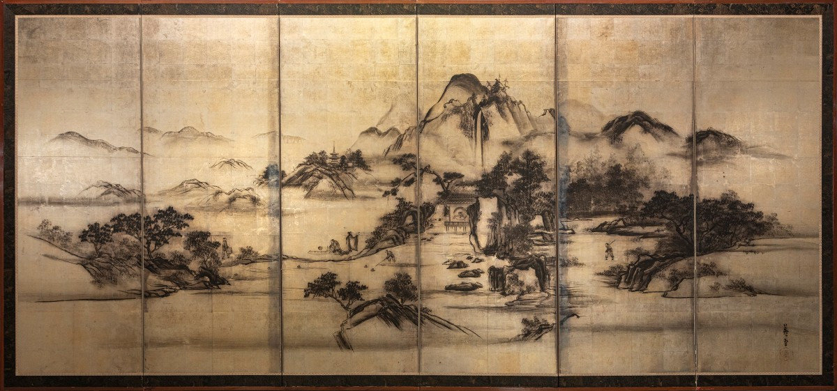 A Six-panel Folding Screen With A Mountain Landscape On A Silver Leaf Ground