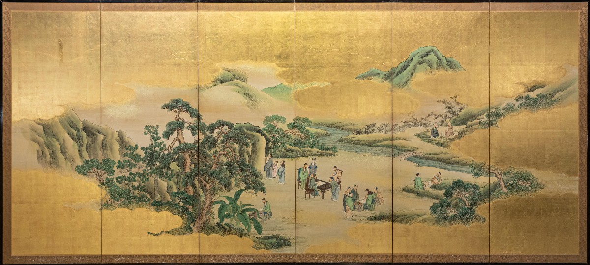 A Six-panel Gold Leaf Screen Animated By Figures Of The Tang Dynasty