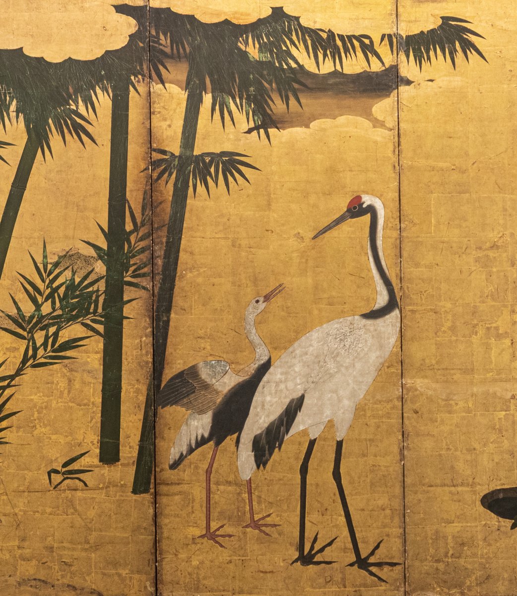 Paravent à six panneaux en feuille d’or avec grues parmi bambous et pivoines-photo-4
