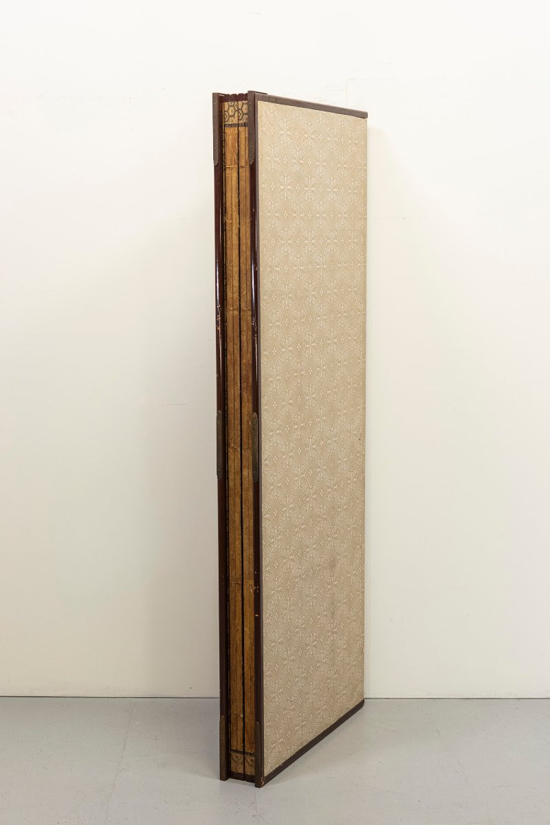 Paravent à six panneaux en feuille d’or avec grues parmi bambous et pivoines-photo-4