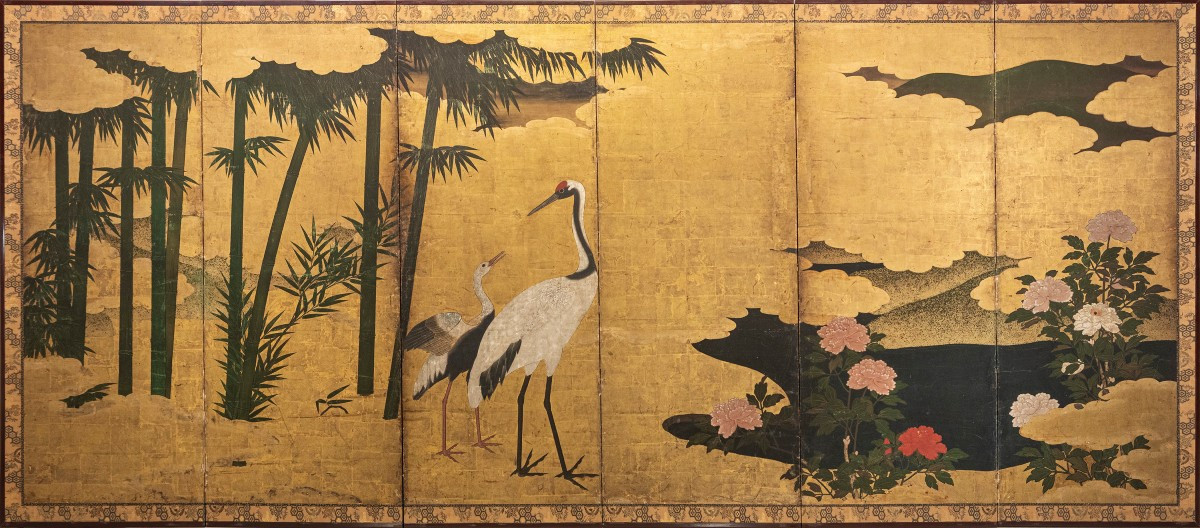 Paravent à six panneaux en feuille d’or avec grues parmi bambous et pivoines