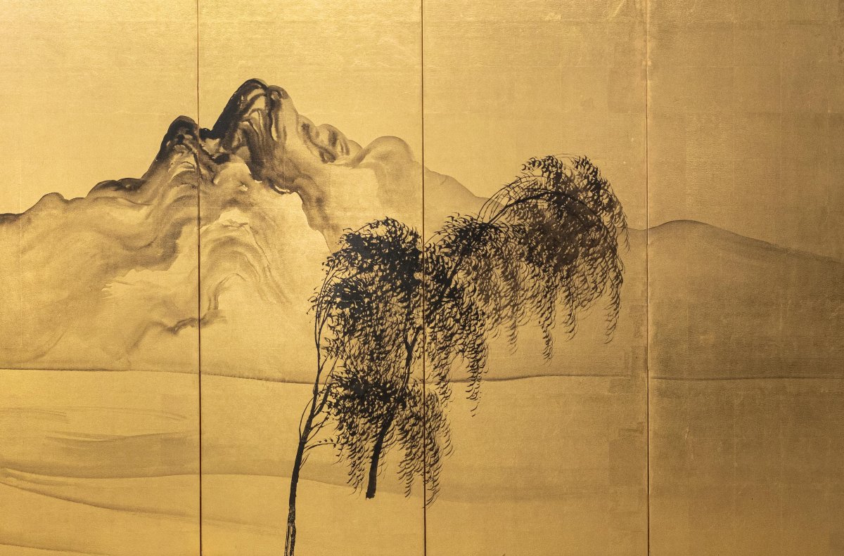 A Six-panel Folding Screen With A Mountainous Landscape In Sumi-e Ink-photo-4