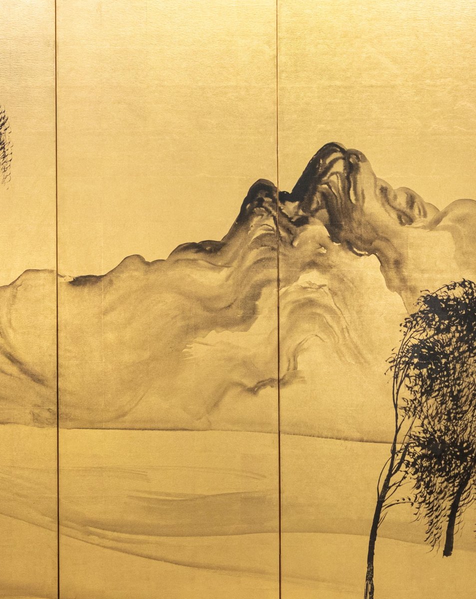 A Six-panel Folding Screen With A Mountainous Landscape In Sumi-e Ink-photo-1