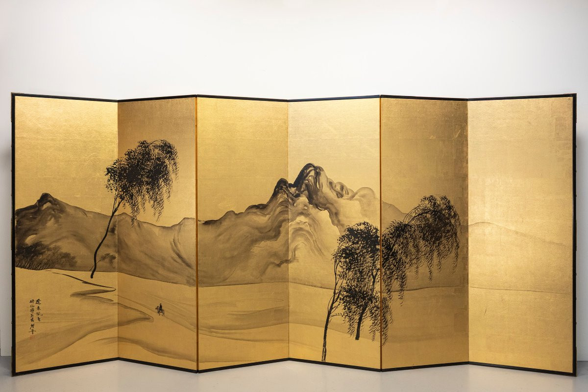 A Six-panel Folding Screen With A Mountainous Landscape In Sumi-e Ink-photo-2
