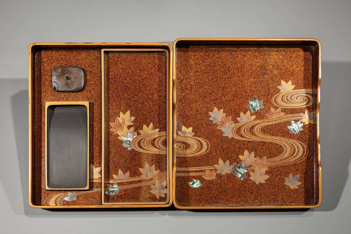 A Maki-e Lacquer Suzuribako With Peonies And Irises On A Black Ground-photo-2