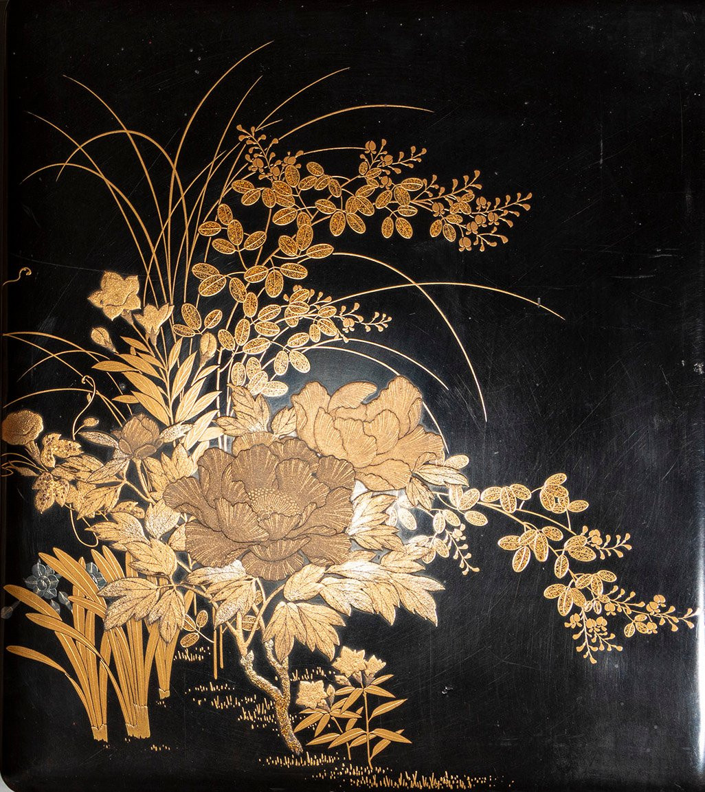 A Maki-e Lacquer Suzuribako With Peonies And Irises On A Black Ground-photo-1