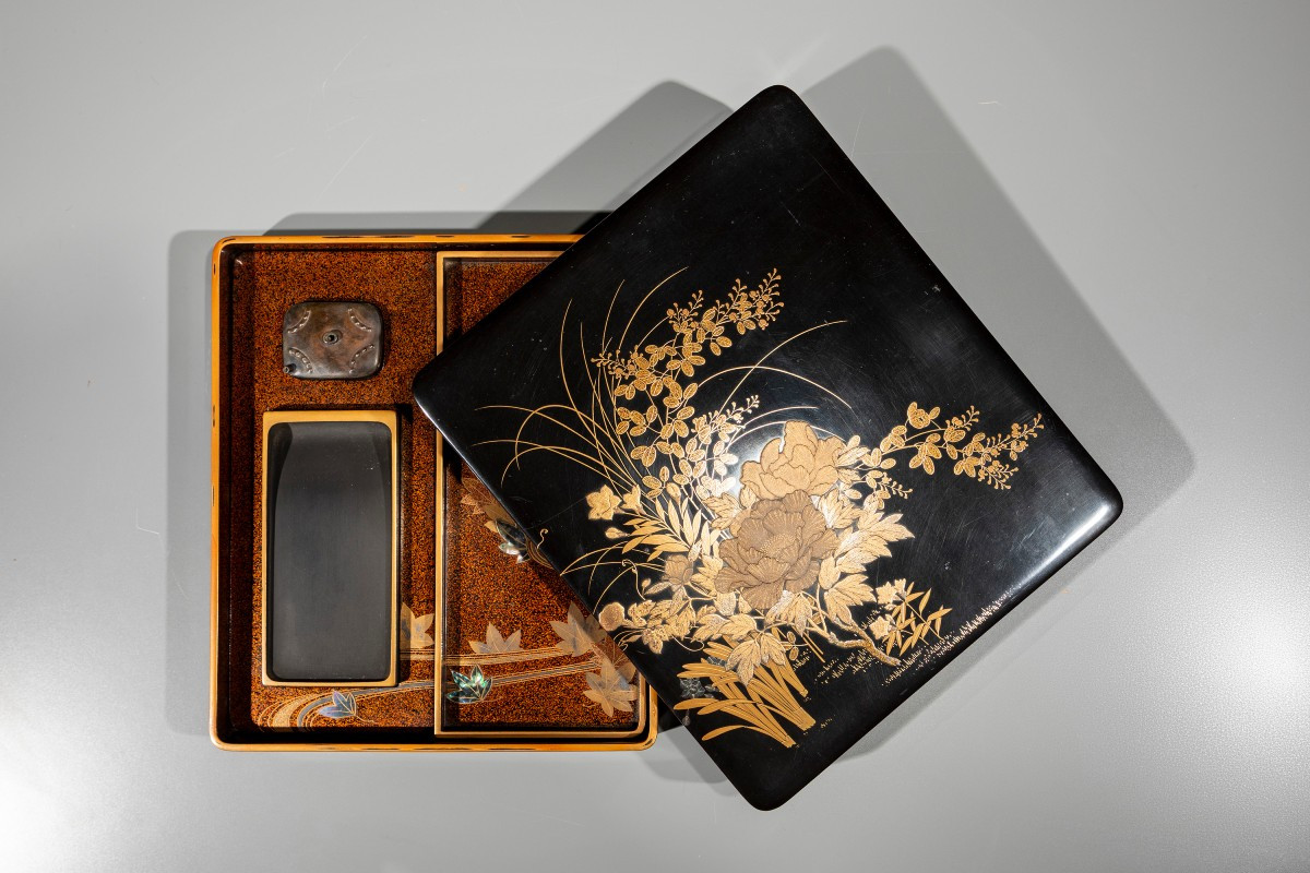 A Maki-e Lacquer Suzuribako With Peonies And Irises On A Black Ground
