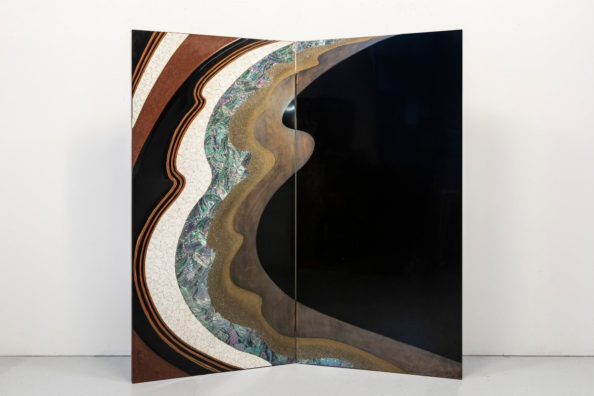 Two-panel ‘hohoe’ Screen Depicting A Large Wave, Signed By Gyokuhō Saku -photo-3