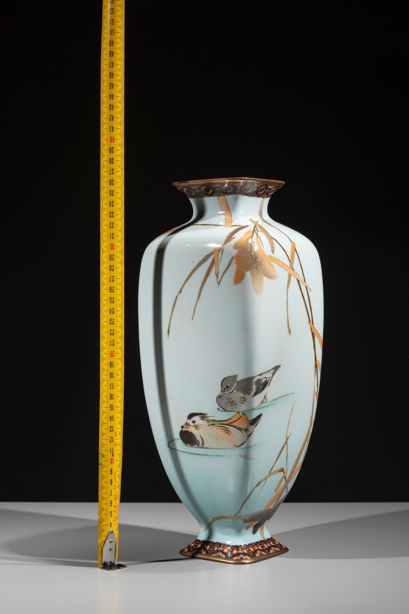 Vase cloisonné avec une paire de canards le long d’un cours d’eau-photo-4
