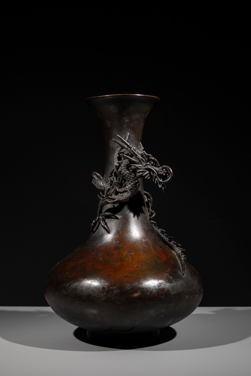 A Bronze Vase Decorated With A Relief Dragon (ryū)
