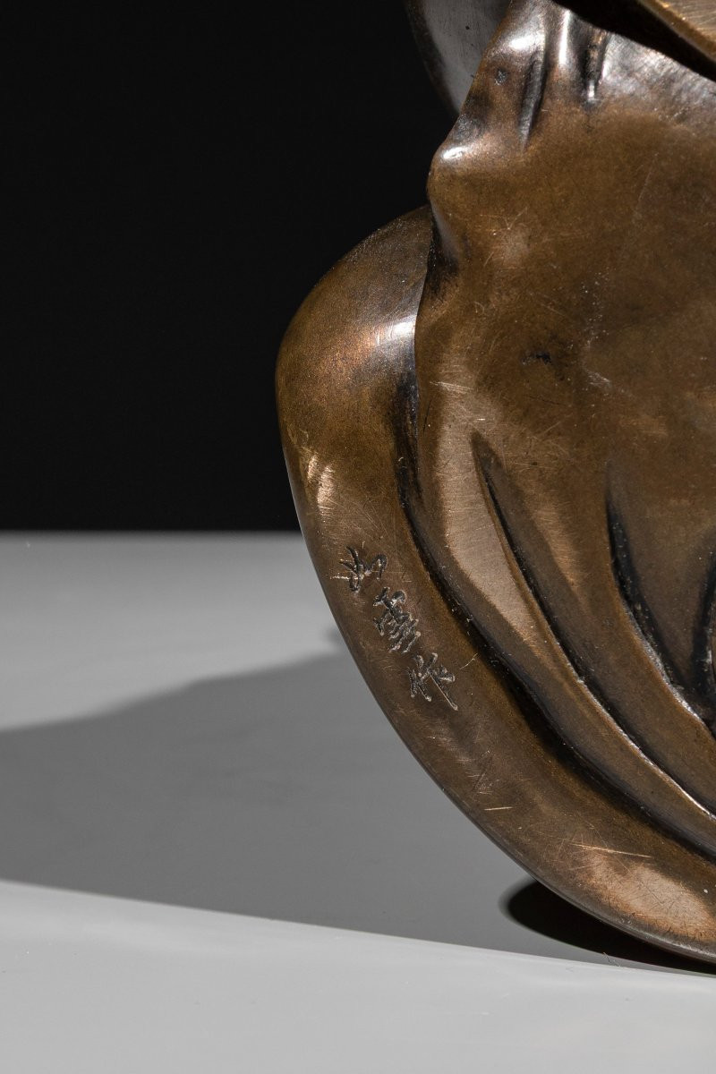 Okimono en bronze représentant une danseuse avec éventail-photo-8