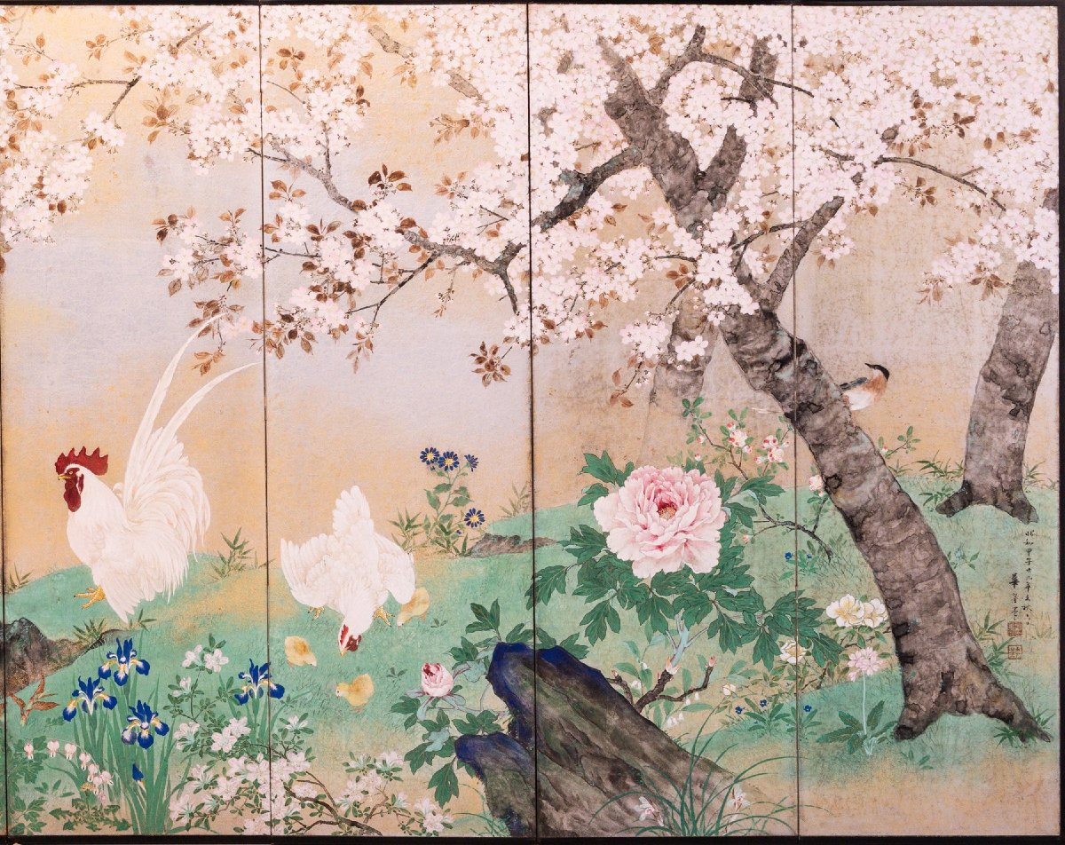 An Eight-panel Silver-leaf Folding Screen Depicting A Spring Scene-photo-2
