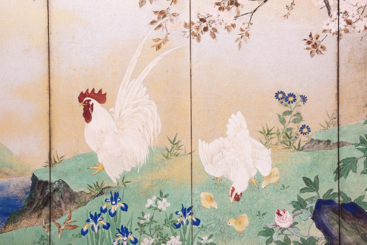An Eight-panel Silver-leaf Folding Screen Depicting A Spring Scene-photo-3