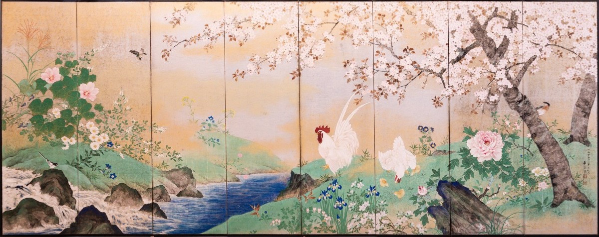 An Eight-panel Silver-leaf Folding Screen Depicting A Spring Scene