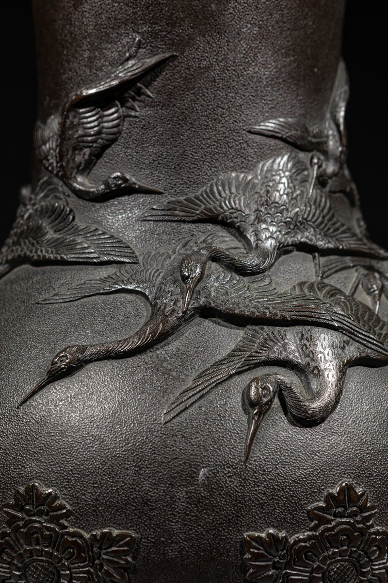 A Bronze Vase With Manchurian Cranes In Relief, Signed Miyao-photo-2
