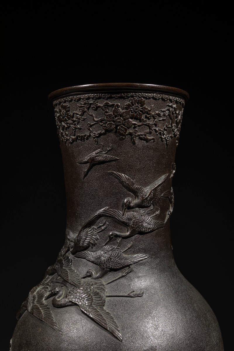 A Bronze Vase With Manchurian Cranes In Relief, Signed Miyao-photo-4