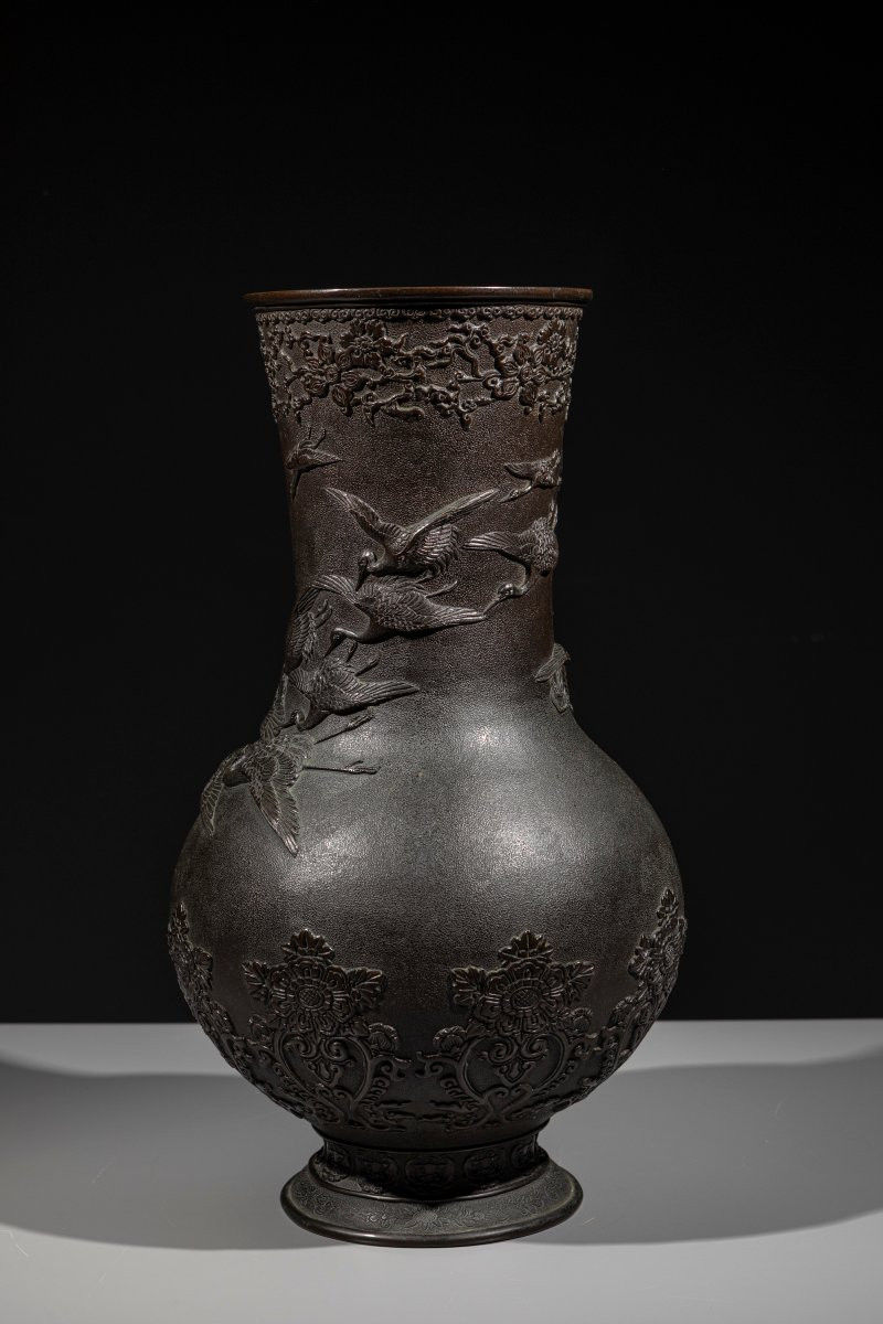 A Bronze Vase With Manchurian Cranes In Relief, Signed Miyao-photo-1