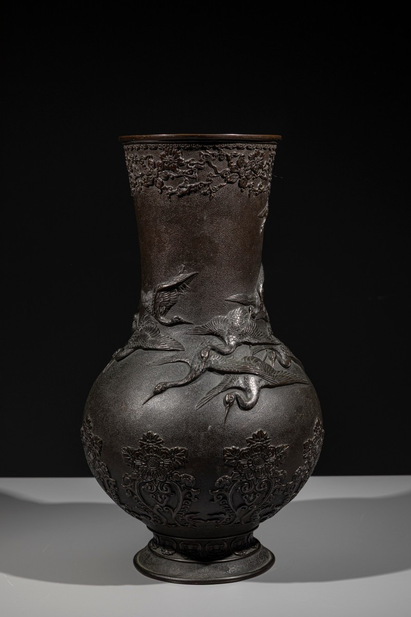 A Bronze Vase With Manchurian Cranes In Relief, Signed Miyao