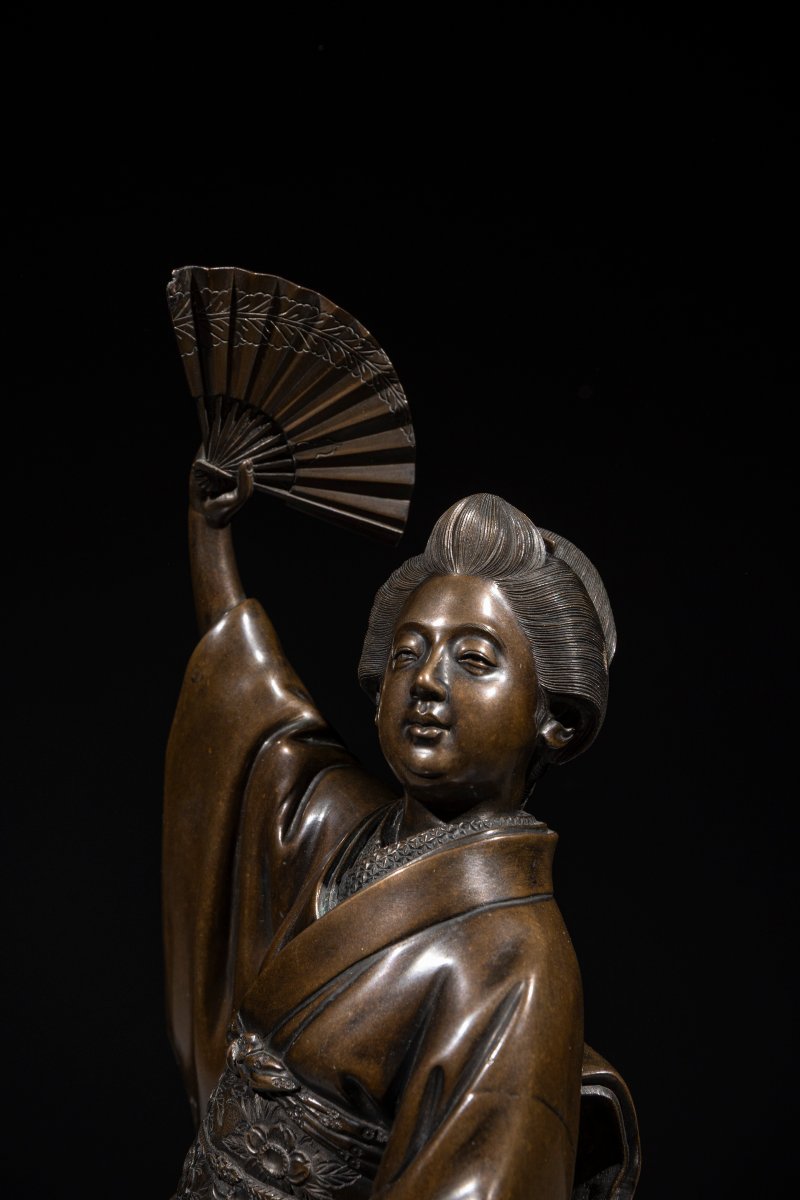 A Bronze Okimono Depicting A Dancer With A Fan-photo-2