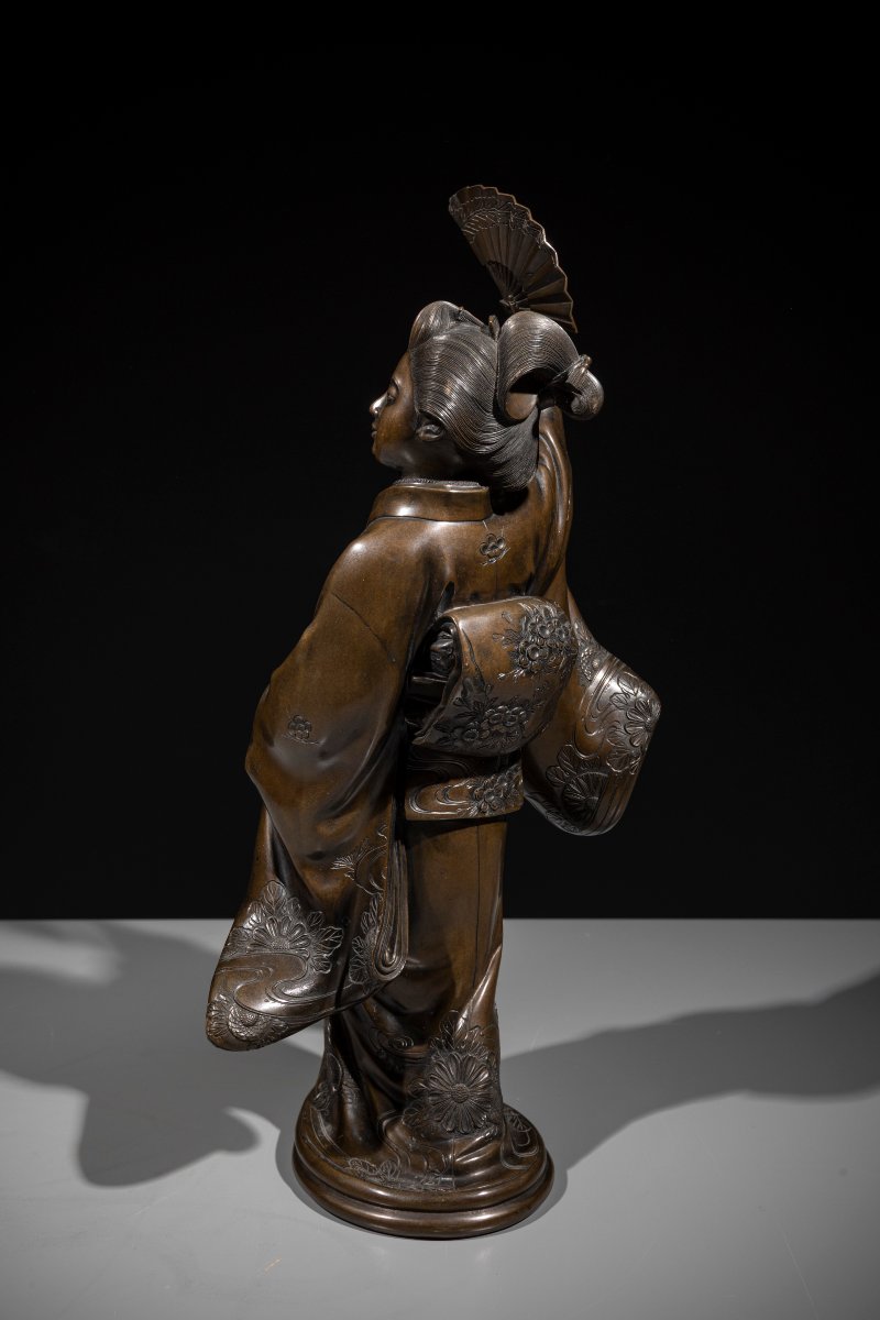 A Bronze Okimono Depicting A Dancer With A Fan-photo-3