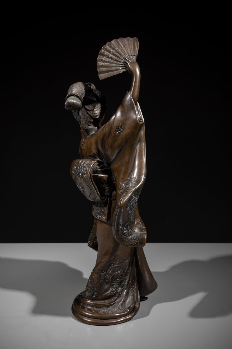 A Bronze Okimono Depicting A Dancer With A Fan-photo-1
