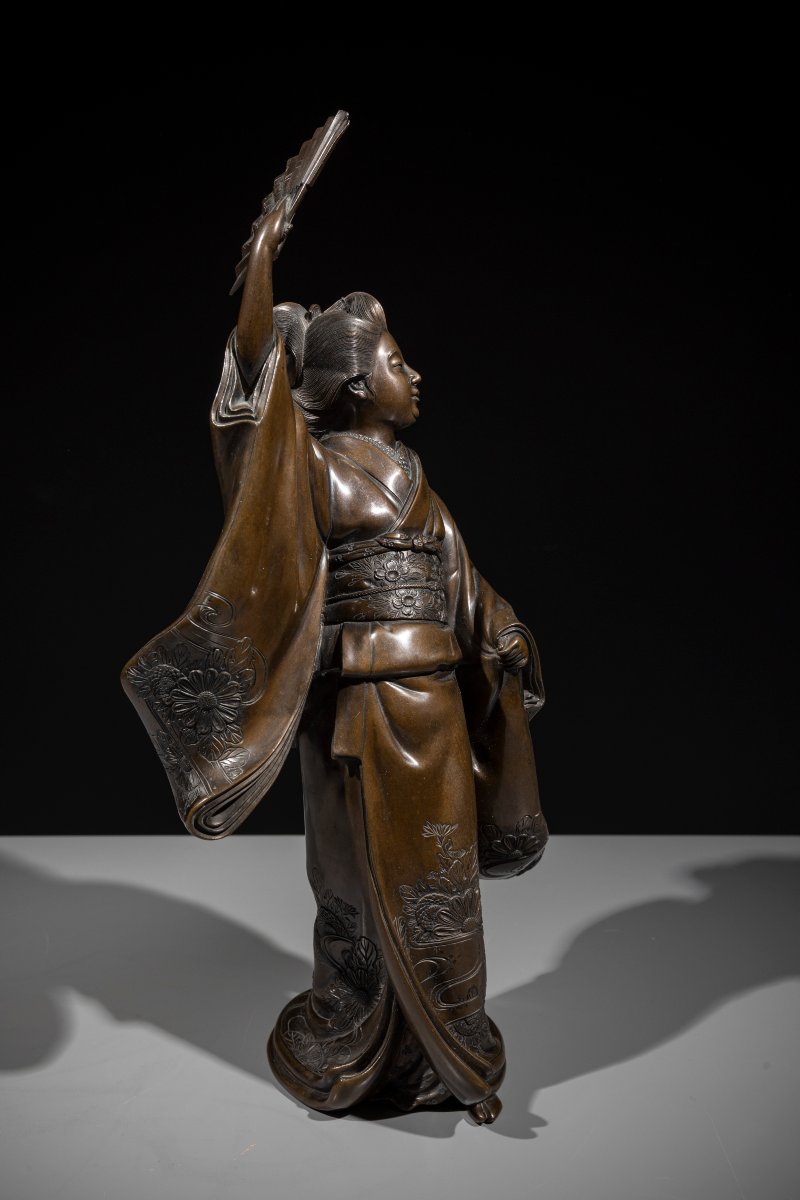 A Bronze Okimono Depicting A Dancer With A Fan-photo-2