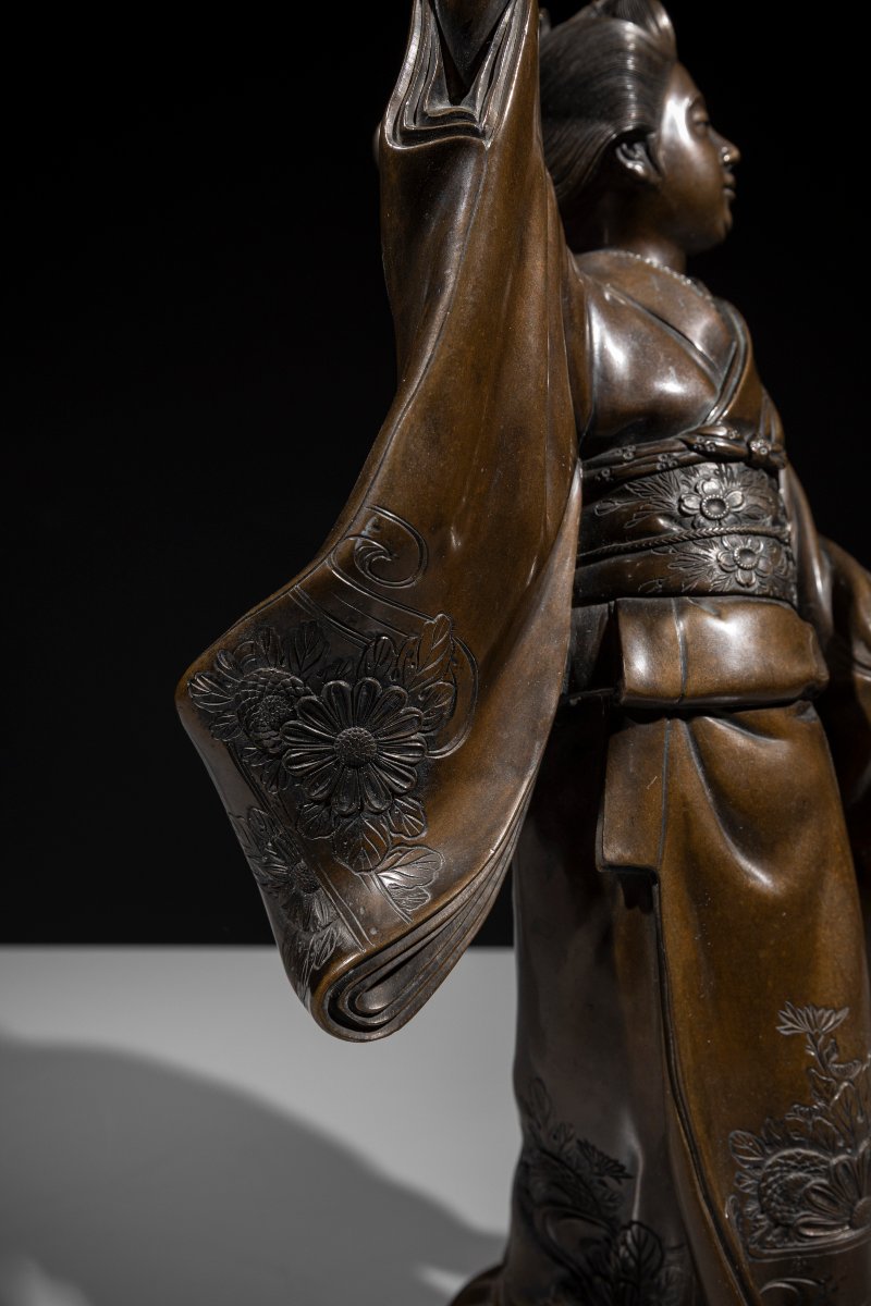 A Bronze Okimono Depicting A Dancer With A Fan-photo-4