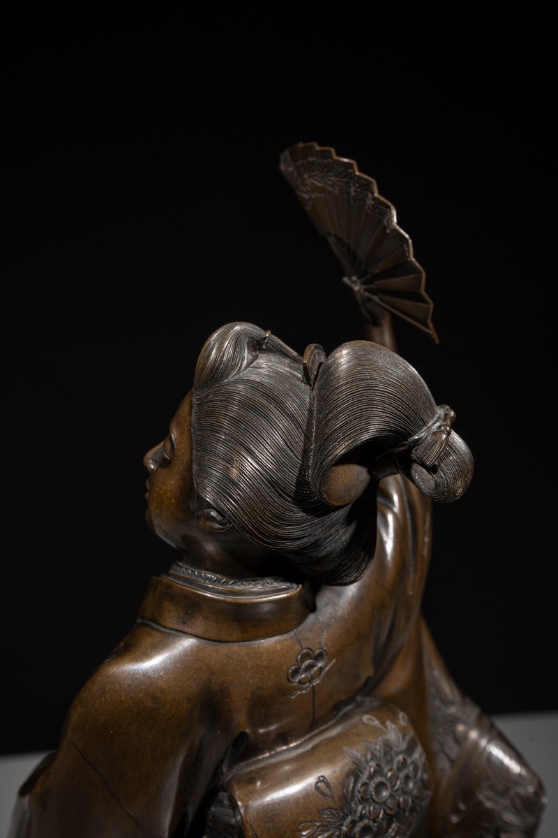 A Bronze Okimono Depicting A Dancer With A Fan-photo-7