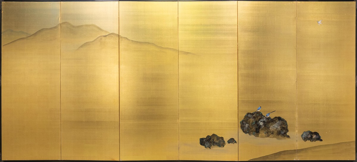 A Six-panel Screen With Magpies And A Riverside Landscape