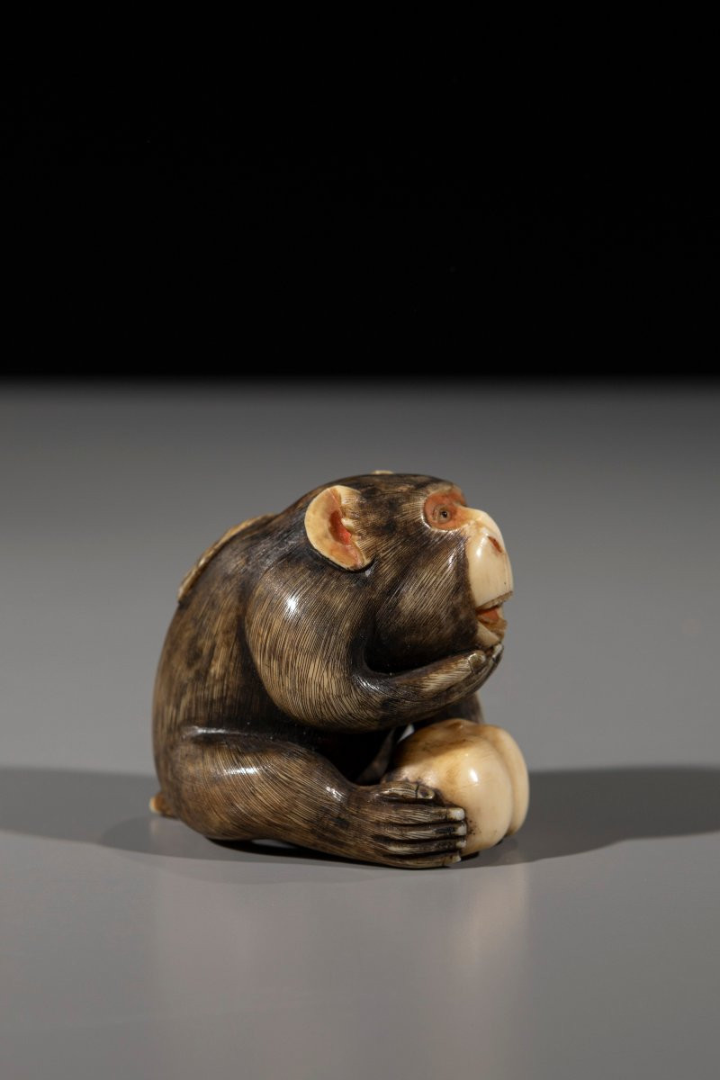An Ivory Netsuke Depicting A Monkey With Fruit-photo-2