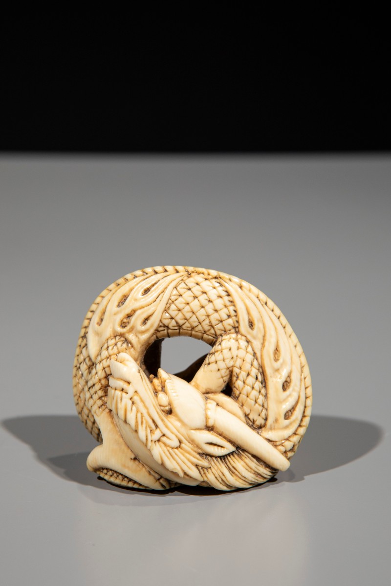Netsuke en ivoire représentant un dragon enroulé sur lui-même