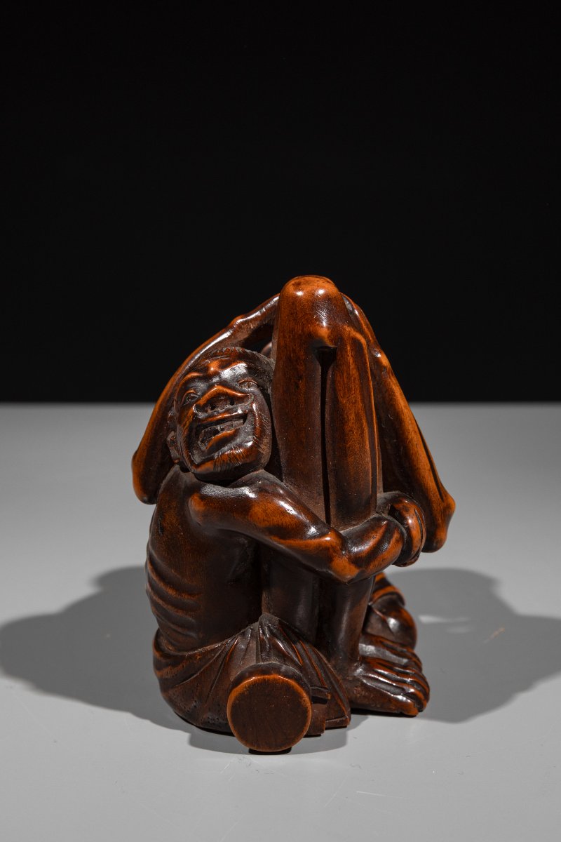 A Boxwood Shunga Okimono Depicting Ashinaga And Tenaga-photo-3
