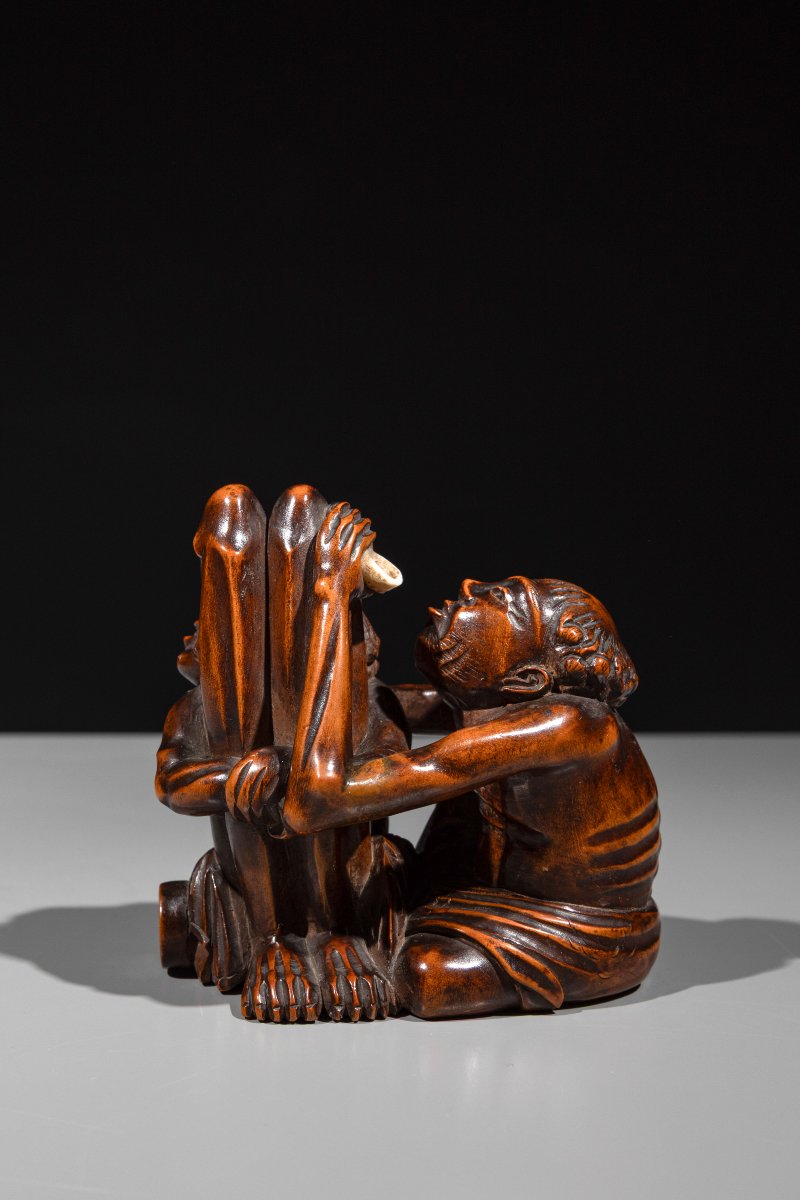 A Boxwood Shunga Okimono Depicting Ashinaga And Tenaga-photo-1