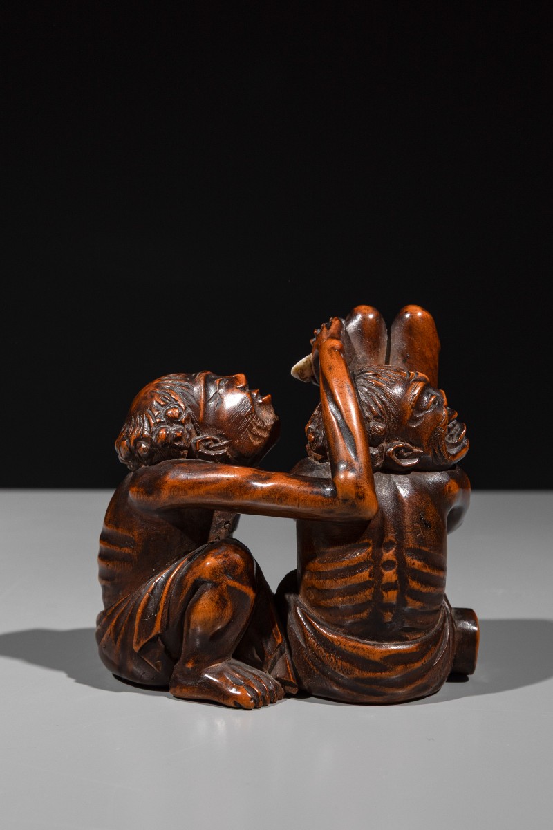 A Boxwood Shunga Okimono Depicting Ashinaga And Tenaga