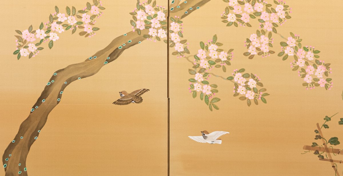 A Two-panel Screen Depicting A Flowering Cherry Branch With Birds-photo-2