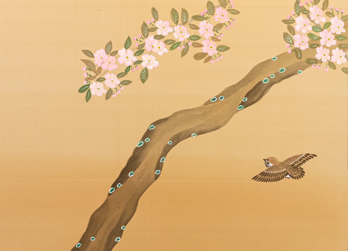 A Two-panel Screen Depicting A Flowering Cherry Branch With Birds-photo-3