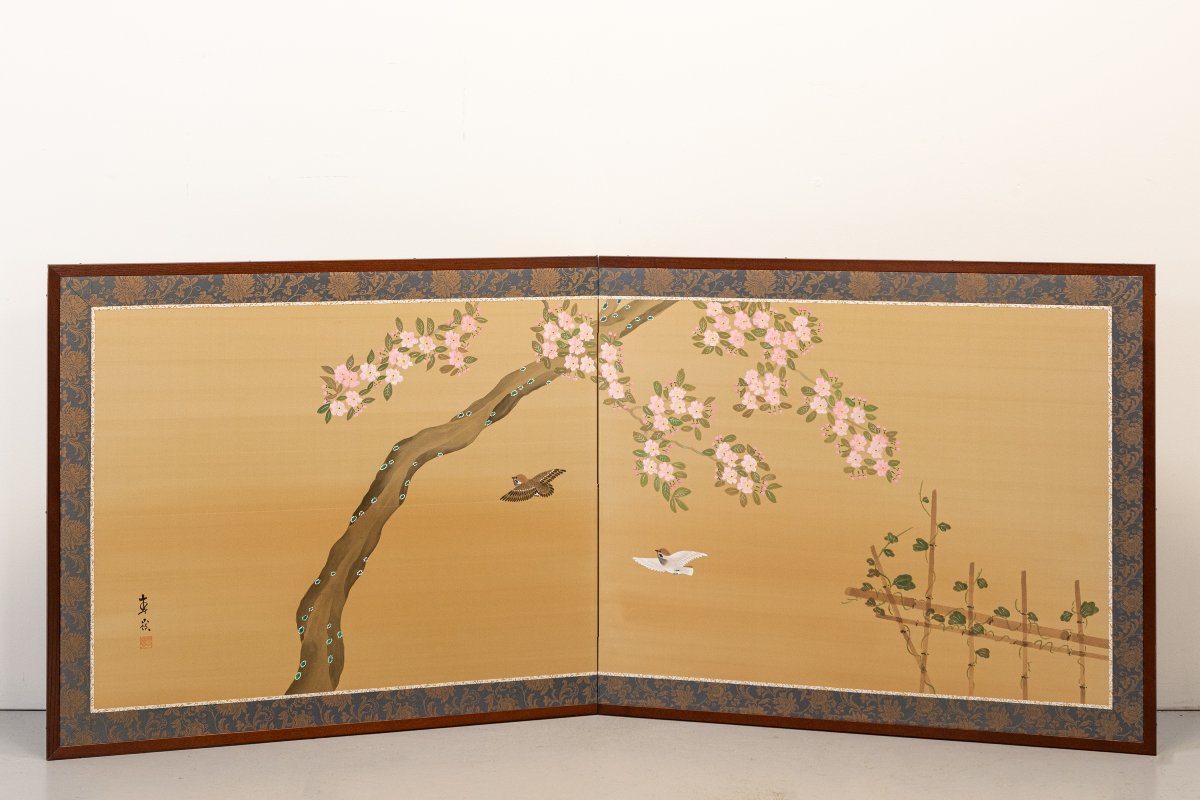 A Two-panel Screen Depicting A Flowering Cherry Branch With Birds-photo-1