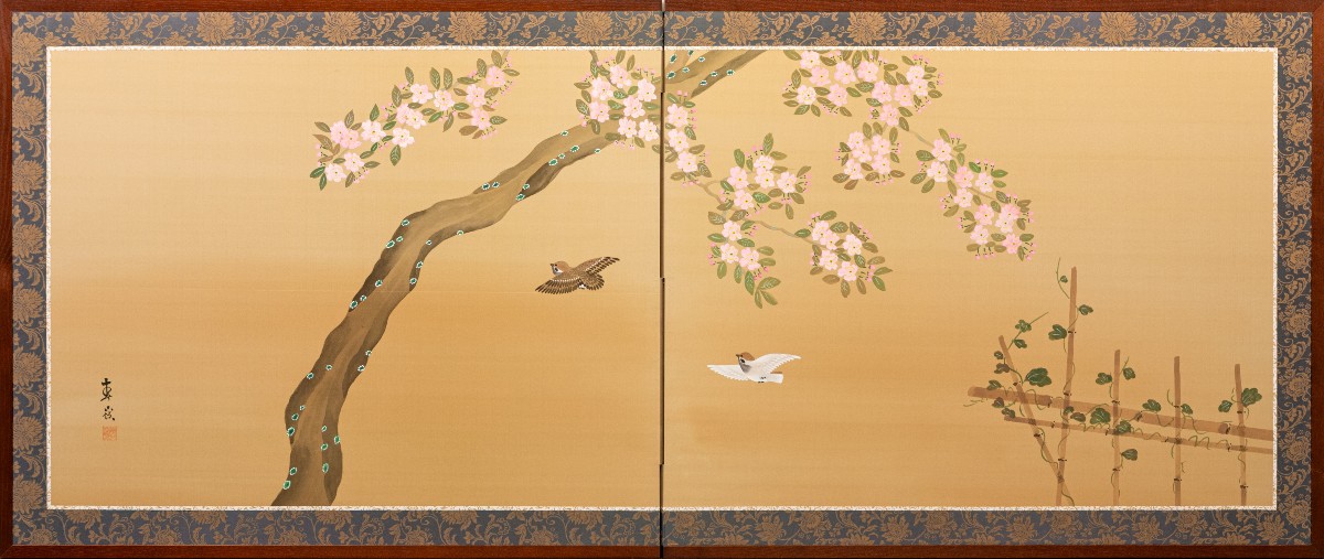 A Two-panel Screen Depicting A Flowering Cherry Branch With Birds