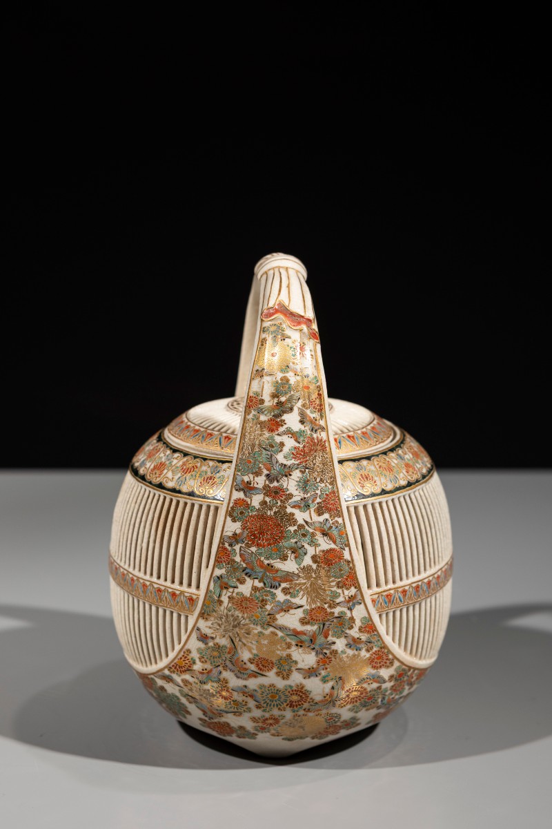 A Satsuma Ceramic Cricket Cage With Chrysanthemums And Butterflies