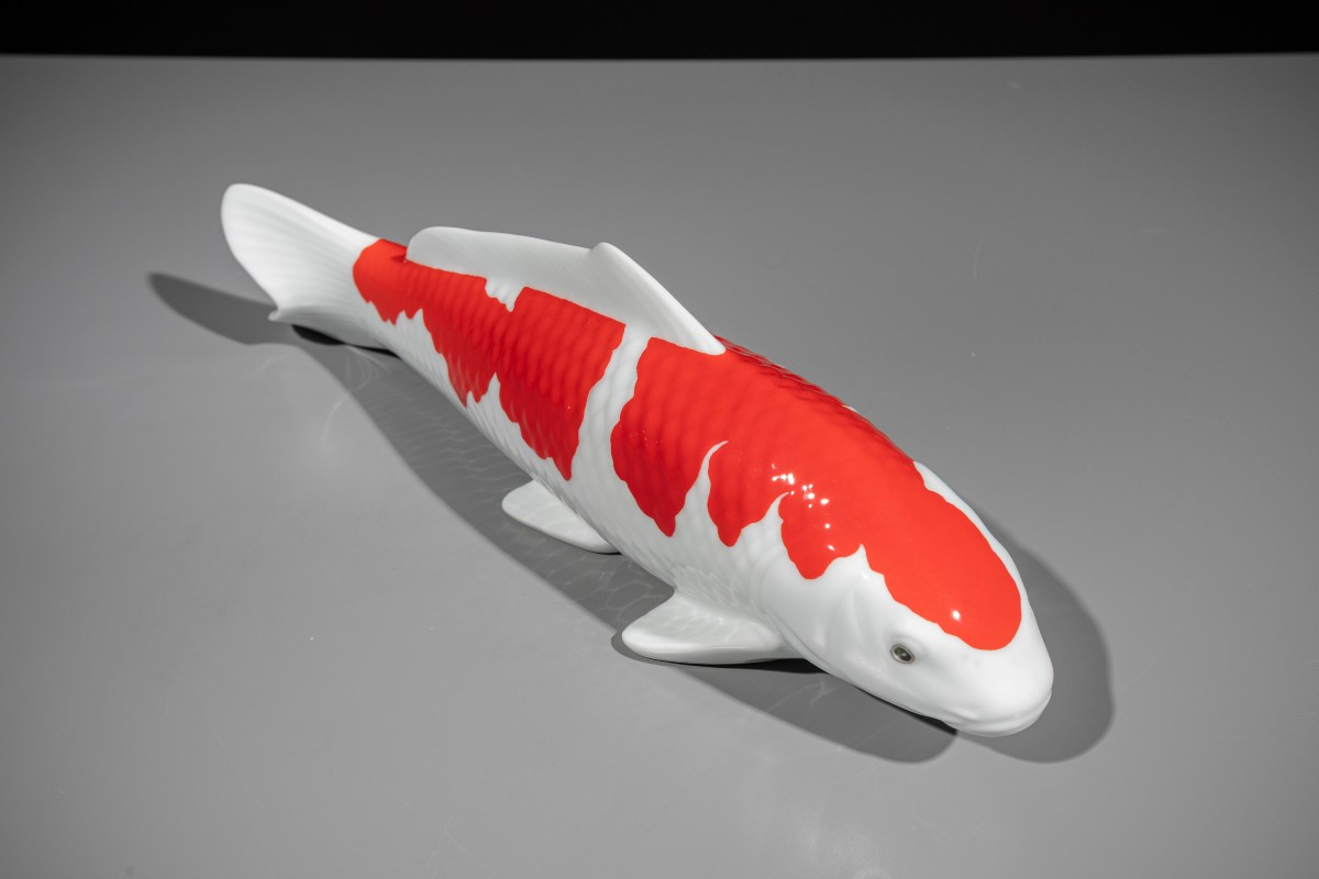 A Porcelain Okimono Of A Red And White Koi Carp-photo-2