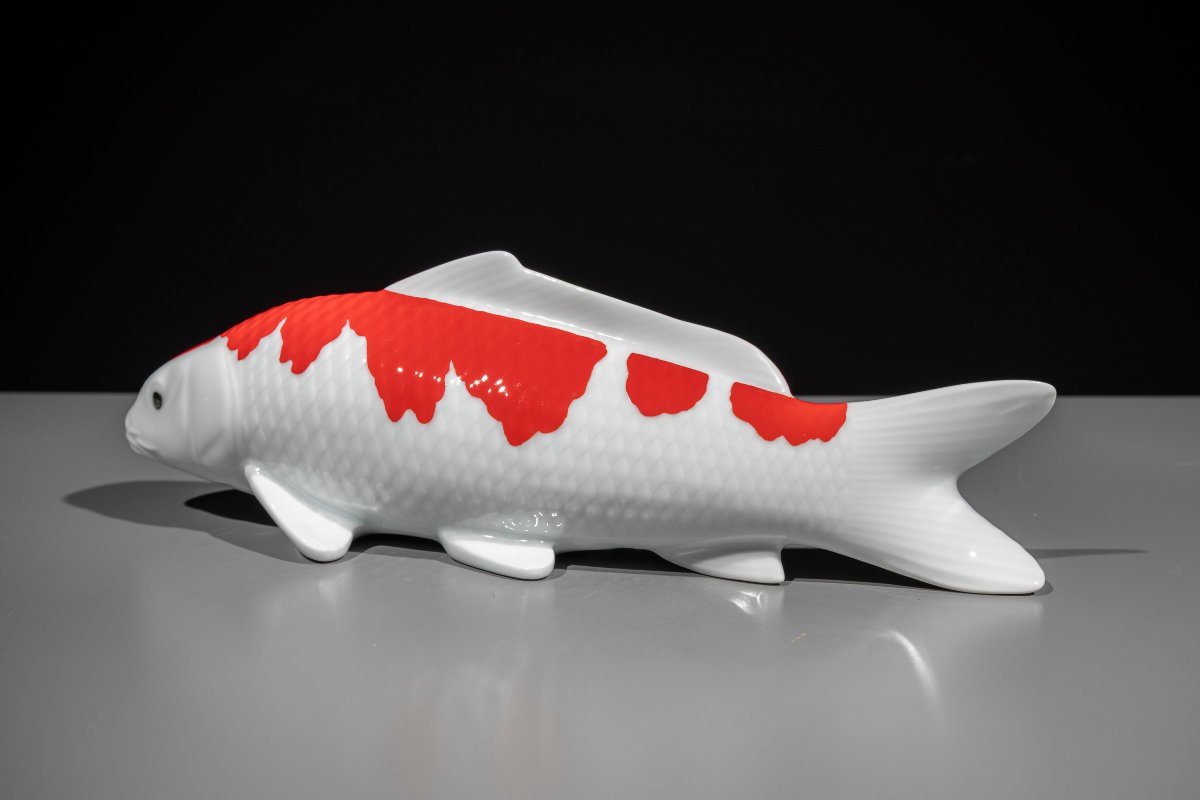 A Porcelain Okimono Of A Red And White Koi Carp-photo-2