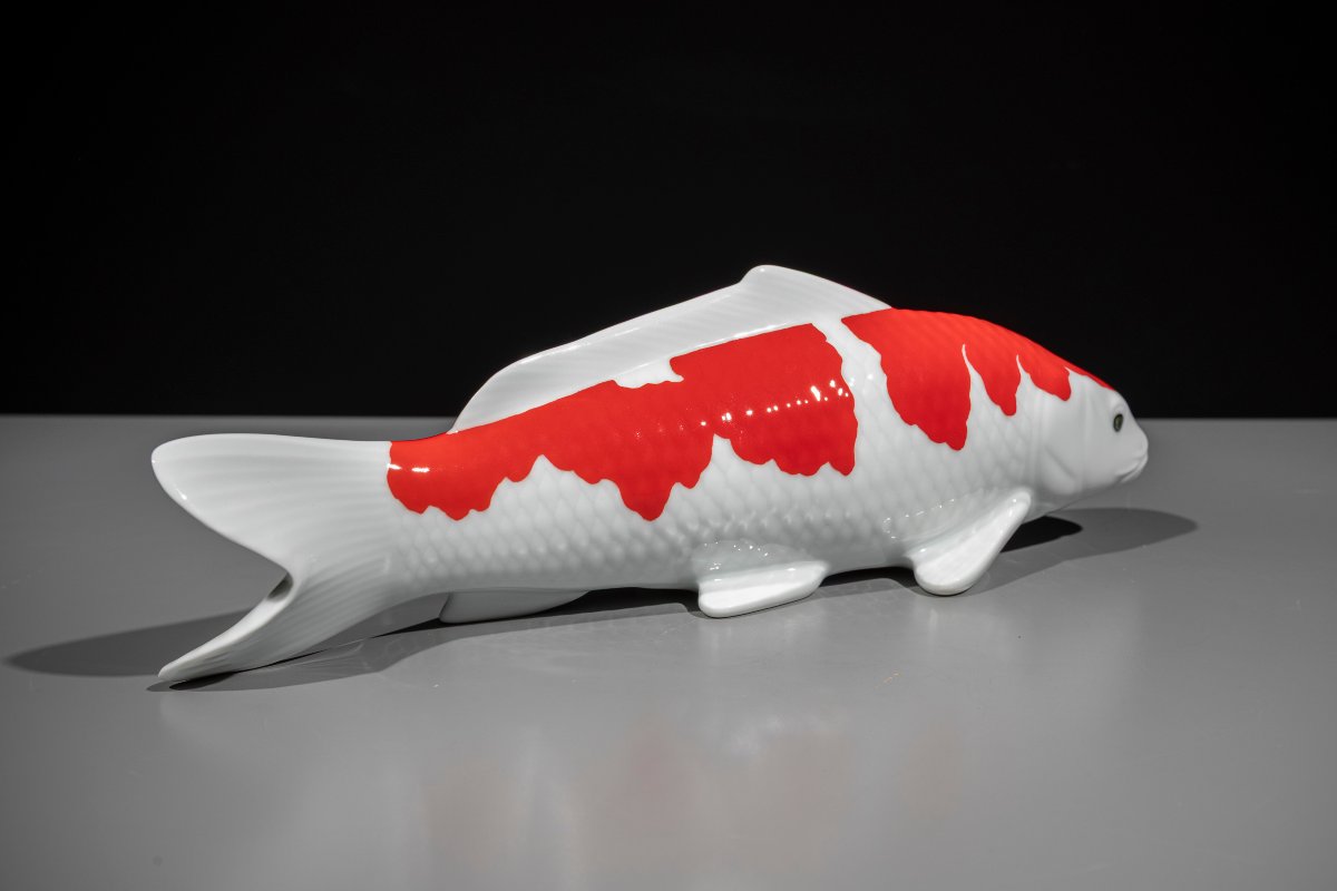 A Porcelain Okimono Of A Red And White Koi Carp-photo-3