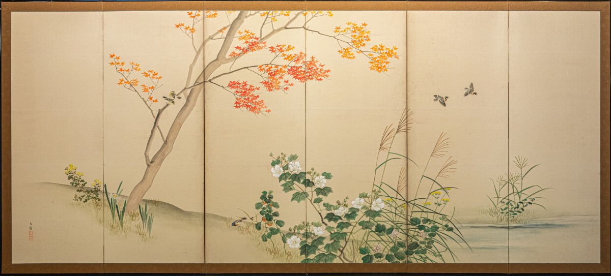 A Six-panel Folding Screen Depicting An Autumn Landscape