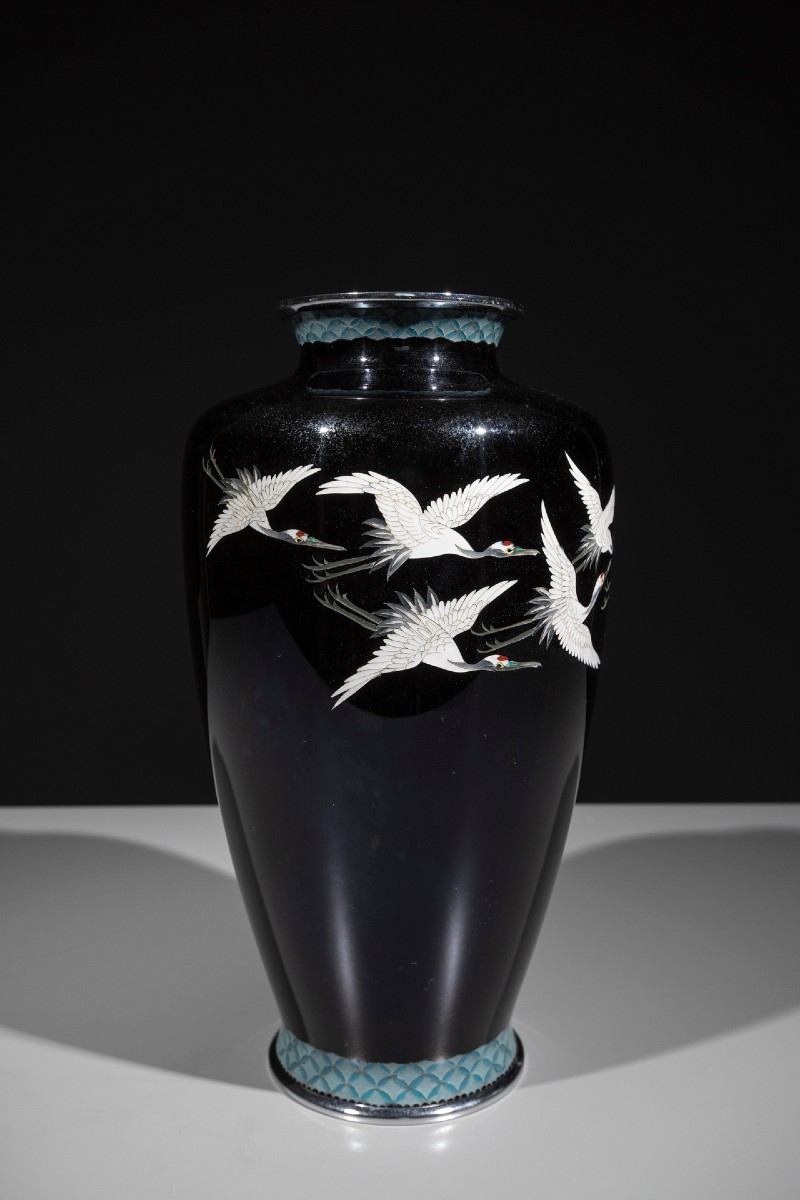 A Cloisonné Vase Depicting A Group Of Manchurian Cranes In Flight