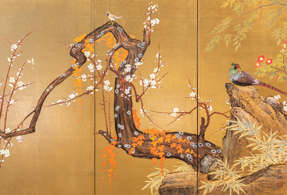 A Four-panel Folding Screen With Pheasant And Cherry Tree-photo-2