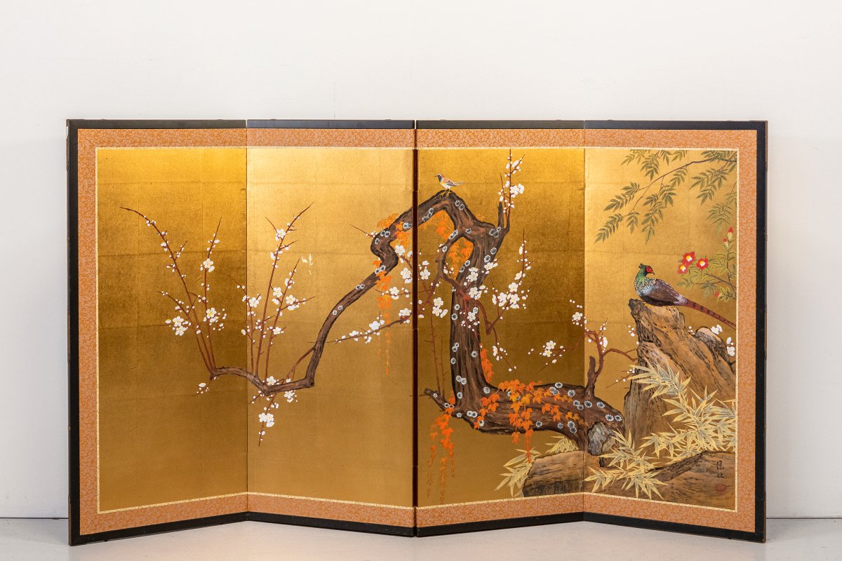 A Four-panel Folding Screen With Pheasant And Cherry Tree-photo-2