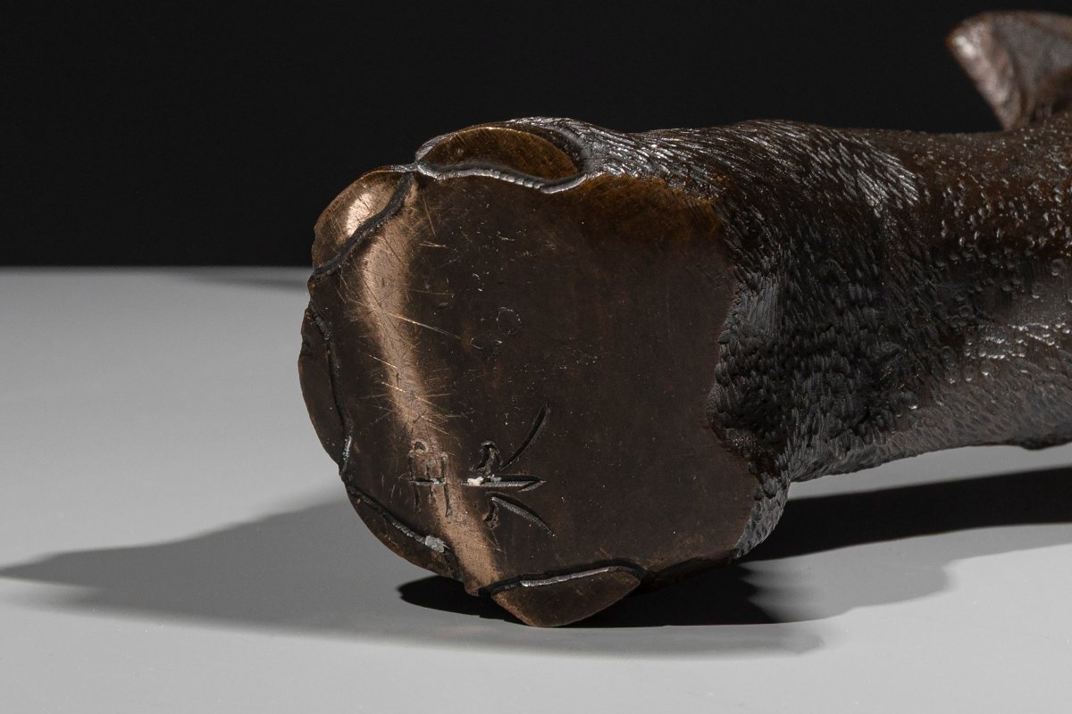 Okimono en bronze représentant un éléphant à la trompe levée, signé Gyokusui-photo-8